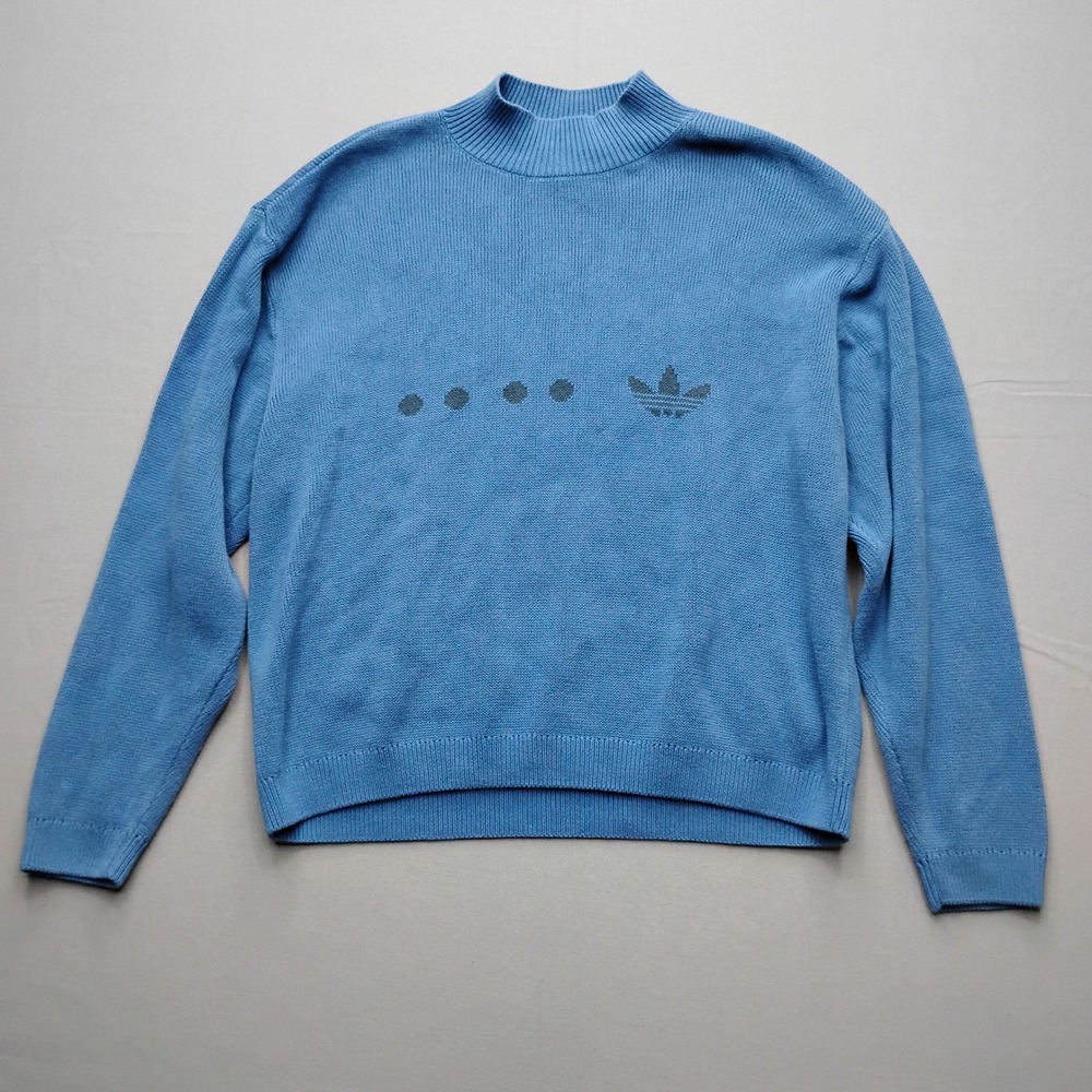Adidas Originals Men Blue Trefoil Mock Neck Knit Sweater HK2763 Size L